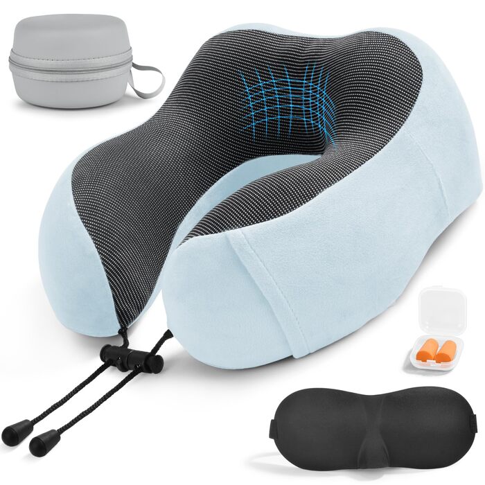 Подушка для шиї в літак, доросла, Memory Foam, регульована, компактна, з навушниками, маскою для сну, коробкою для зберігання (Блакитна)