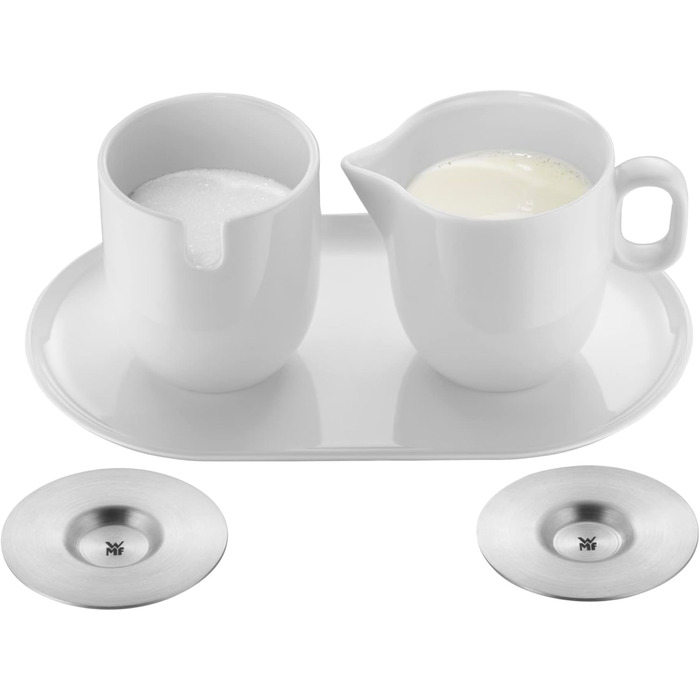 WMF Barista Sugar Bowl & Cream/Milk Pitcher Set - 130ml & 170ml - Porcelain with Lids and Saucers - Dishwasher Safe