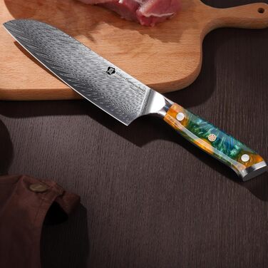 Японський кухонний ніж Santoku WILDMOK 17 см з дамаської сталі VG10, жовтий ергономічний руків'я для дому та ресторану