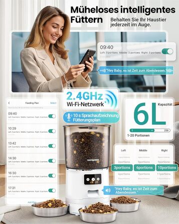 Автоматичне годування для котів з APP та таймером, 6 л / 25 порцій, 3 миски, 3 пакети силікагелю, система запобігання застрягання, WiFi 2.4G, запис голосу 10 сек, годівниця для котів та собак (білий)