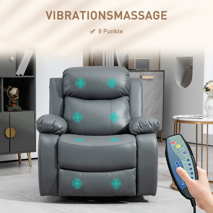 HOMCOM electric TV recliner chair with massage function, 360° swivel, featuring 8 vibration motors, rocking function, faux leather, 93L x 90W x 101H cm, Grey | Aosom
