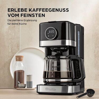 Кавомашина Barista Filterkaffeemaschine з регульованим м'яльним жорном та термокружка | Функція підігріву, таймер 24 години та постійний фільтр | Для 10 чашок кави | Кавомашина для зерен та меленої кави [Нержавіюча сталь] (10) Чорний колір - скляна колба 