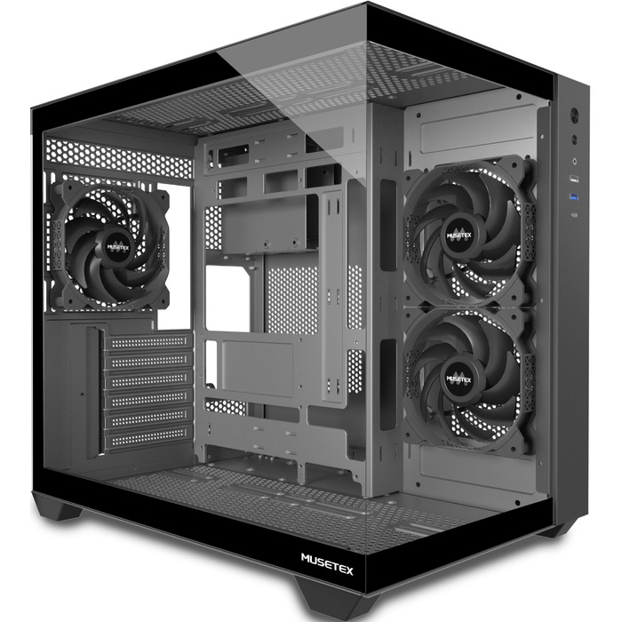 Корпус для ПК ATX MUSETEX Y6, чорний, з 3 вентиляторами, скляна панель, Type-C, Mid Tower
