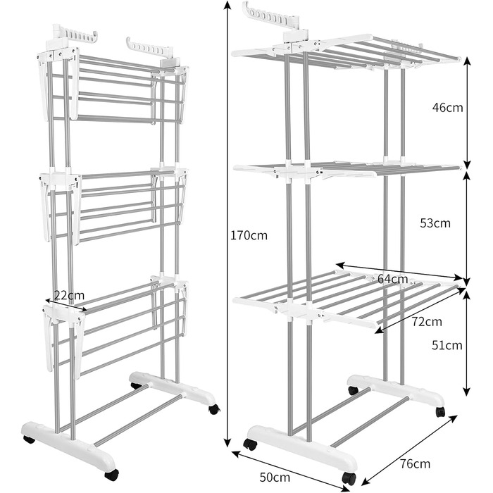Foldable stainless steel clothes rack with wheels, portable, for indoor and outdoor use, white/gray