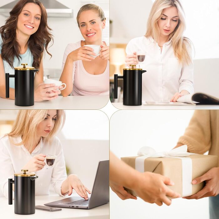 Enfmay French Press Coffee Maker, 1L Stainless Steel French Press with 4 Filters and Spoon, Detachable, Easy to Clean, Stainless Steel Insulated Coffee Pot Thermos for Home, Travel and Camping, Silver 1000ML Silver