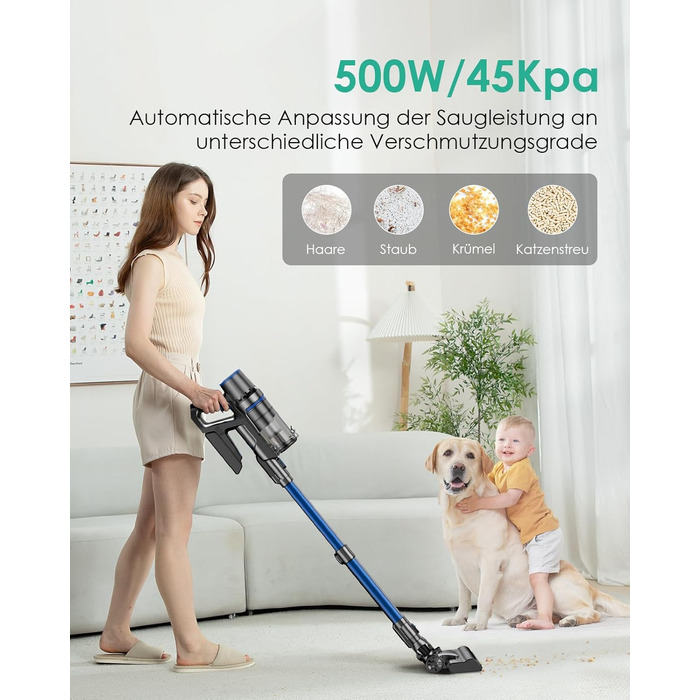 Бездротовий акумуляторний пилосос з функцією миття підлоги, 45000 Па/550 Вт/60 хв, безщітковий двигун, LED-дисплей, самостійна парковка, для твердих поверхонь, килимів та шерсті тварин, блакитний