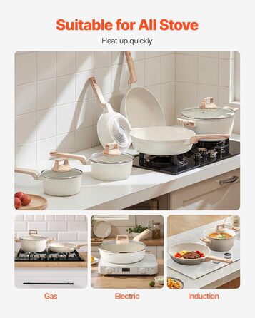 Набір посуду VEVOR 17 предметів з нержавіючої сталі з антипригарним покриттям, індукційні каструлі та сковорідки з кришками, для кухні, кемпінгу та приготування їжі (білий)