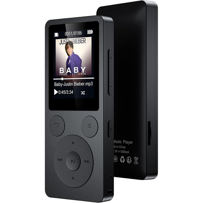 MP3 плеєр 32GB з Bluetooth 5.3 та динаміком, FM-радіо, диктофон, HiFi звук, фізичні кнопки керування, чорний