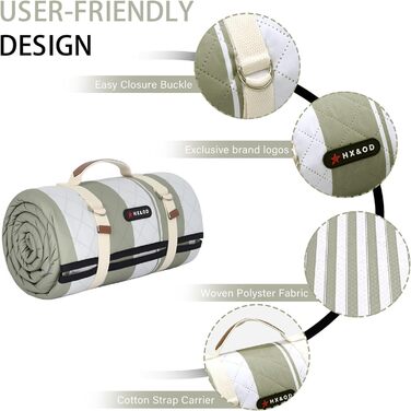 Плед для пікніка HX&OD водонепроникний, 203x203 см, складаний, з ручкою для перенесення, сіро-зелений