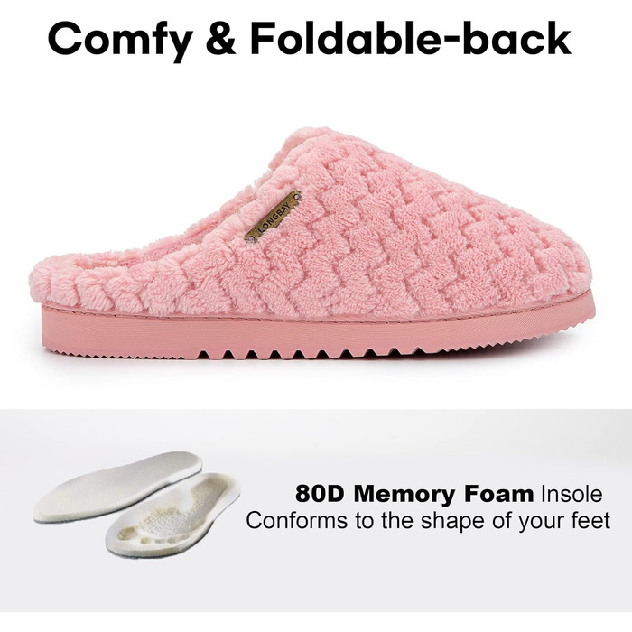 Домашні тапочки LongBay для жінок з піною Memory Foam та плюшем, неслизькі, 36/37 EU, рожеві