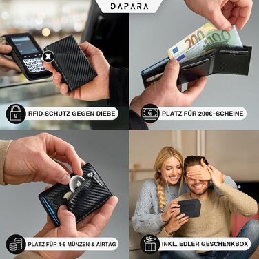 Чоловічий гаманець DAPARA: тонкий, з відділенням для монет та RFID-захистом. Містить 12 карт, карбоновий червоний (Carbon - Dynamic Blue)