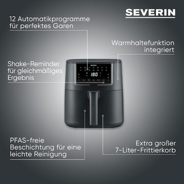 Фритюрниця Severin Max Zone Flex 9L з 2 зонами, для приготування без олії, з функцією сушки, 2600W, чорний матовий
