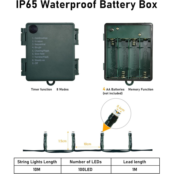 Ланцюжок прикрас (гірлянда) на батарейках, 30м, 300 LED, для внутрішнього та зовнішнього використання, з таймером, 8 режимів, водонепроникна, тепле біле світло, зелений кабель, для декору на Різдво, в сад, на вечірку