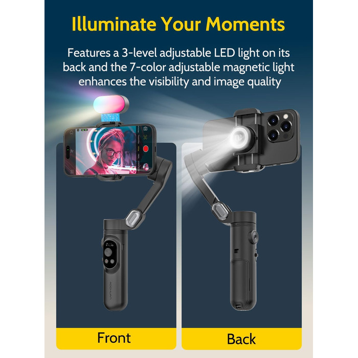 Стабілізатор для смартфона AOCHUAN 3-осьовий з функцією розпізнавання обличчя, вбудованим світлом, 1/4 дюйма, для iPhone 16/15 Pro, Android, TikTok - Smart X Kit, Чорний
