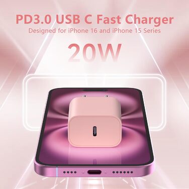 Зарядний пристрій USB-C 20W з кабелем Type-C 2м для iPhone 16/15/Pro/Air (Рожевий) - 2 шт.