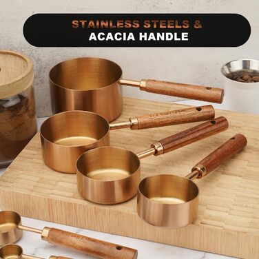 Gold Measuring Cup and Spoon Set with Wooden Handles, Premium Stainless Steel Measuring Spoons and Cups Set, for Cooking and Baking in the Kitchen (Bronze)