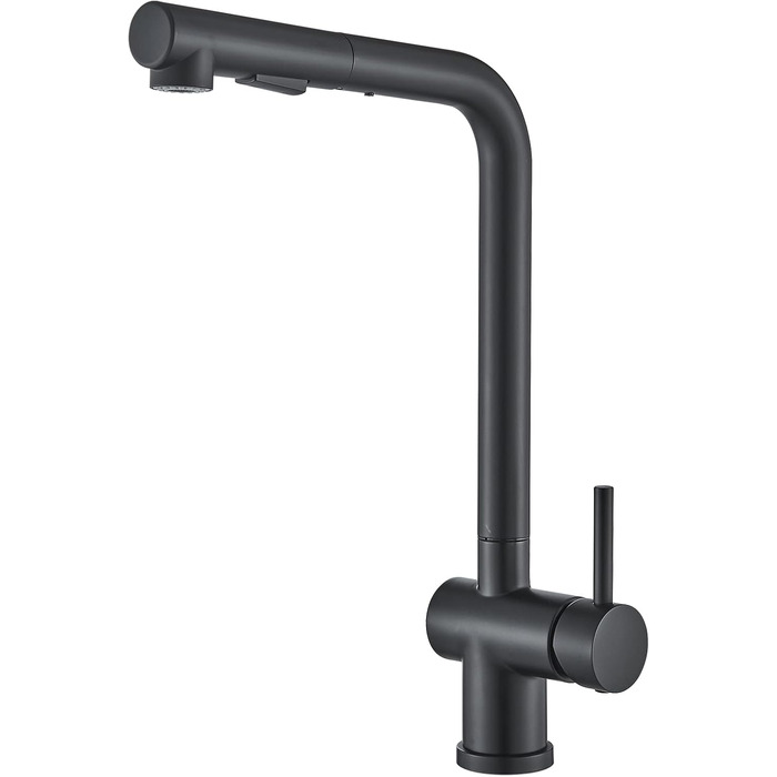 Змішувач для кухні Rozin, чорний матовий, високого тиску, з висувною лійкою 360°, 2 режими, для мийки, з донним клапаном (Orb)