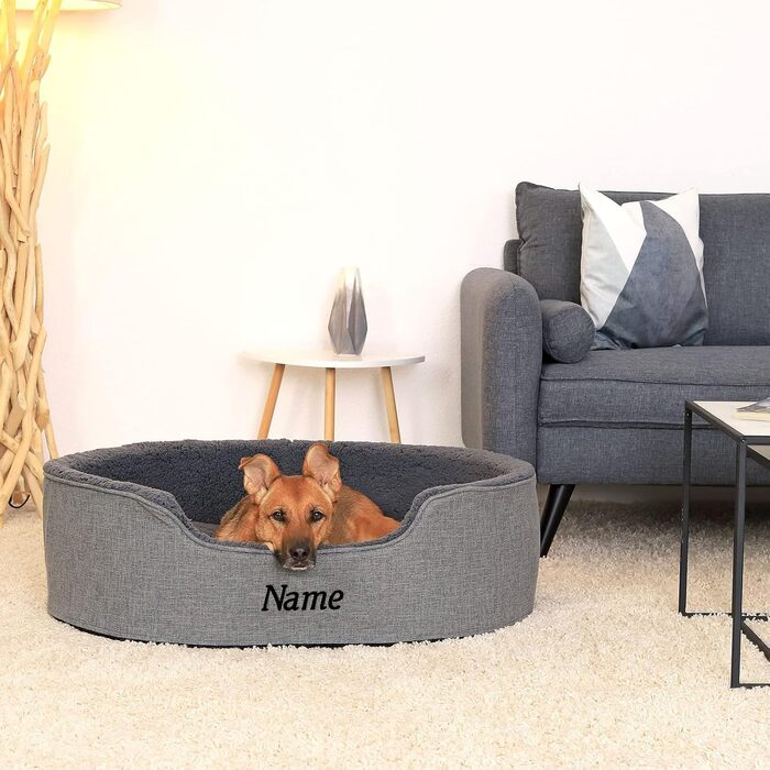 Lionto Dog Bed with Reversible Cushion and Washable Cover, Stable Dog Basket with Anti-Slip Studs, 92x72 cm, Cozy Pet Bed for Dogs and Cats with Plush, (Grey, L 92 x W 72 x H 27 cm (with name tag))
