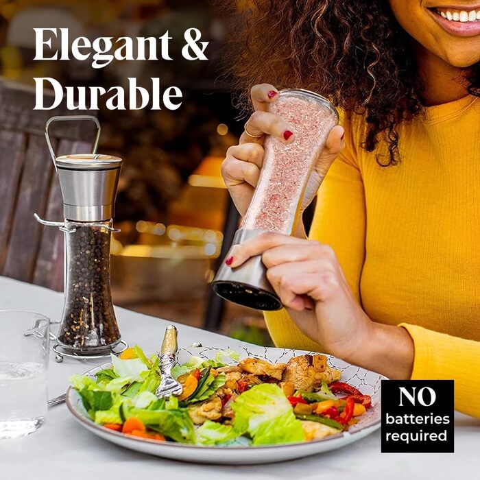 Набір для перцю та солі Willow & Everett з нержавіючої сталі - 2 великі ручні млини з регульованим жорном, без наповнювача, з підставкою