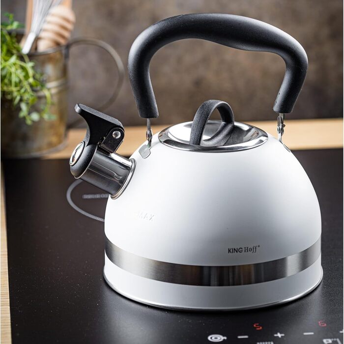 Чайник Kinghoff 1.8L з нержавіючої сталі з свистком, для індукційних плит, компактний, з нержавіючої сталі, матовий білий