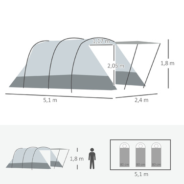 Outsunny Tunnel Tent 8-Person Tent with Sleeping Cabin, Living Room, Carry Bag, 2000mm Water Column, Gray | Aosom