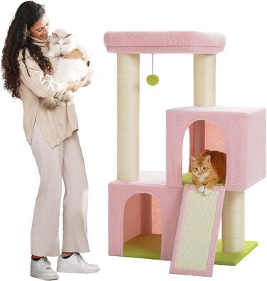 PETEPELA Scratching Post with Dual Condos for Apartment Cats, All-in-One Cat House with Padded Perch, Scratch Ramp and Posts, and Replaceable Balls (Pink, L 113cm)