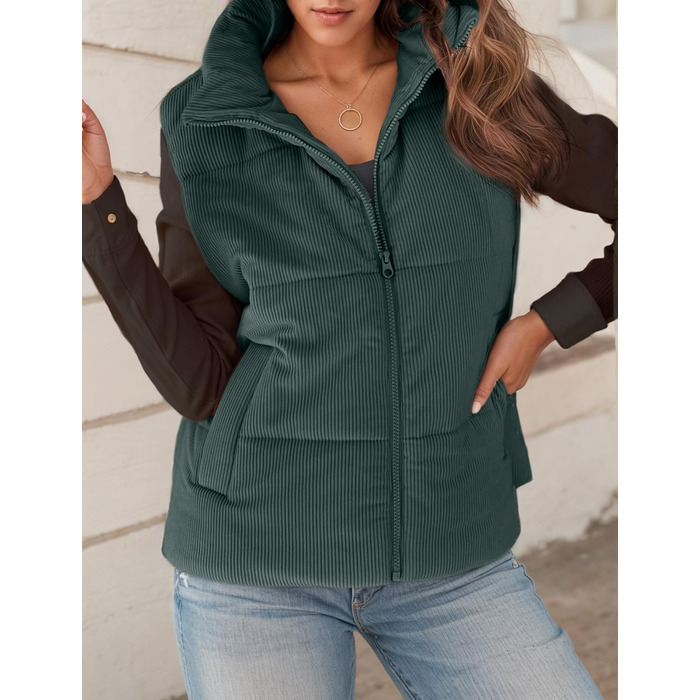 Жіноча тепла зимова жилетка FEOYA з коміром-стійкою, короткий фасон, степкова жилетка з пухозаповнювачем, без рукавів, для переходу між сезонами, тепла, зелена (M)