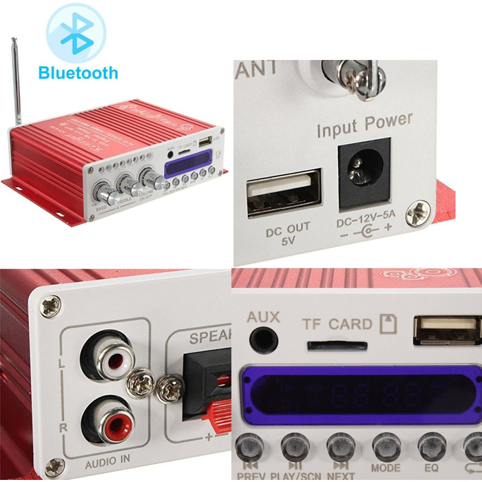 Міні Bluetooth Hi-Fi стерео аудіо підсилювач WINGONEER з бас-бустером, підтримка FM, MP3, TF, USB, DVD, 12V для авто і мотоцикла