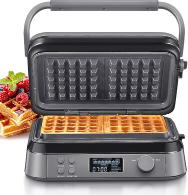 1600W Belgian Waffle Maker - 5 Programs, 7 Browning Levels, LCD Display, Timer, Stainless Steel
