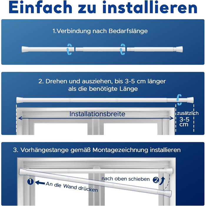 Штанга для карнизів без свердління – діаметр 25 мм, 1 шт. Регульована телескопічна штанга для кріплення, для штор, душової завіси та гардеробу (білий, 71-98 см)
