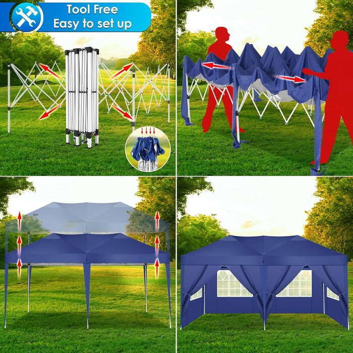 COBIZI Pavilion - Waterproof, Stable, Winter-Proof, Foldable, Pop-Up Party Tent, Garden Pavilion for Beach Wedding, with 4 Side Panels, UV Protection 50+, Adjustable Height (Navy Blue, 3x6m)