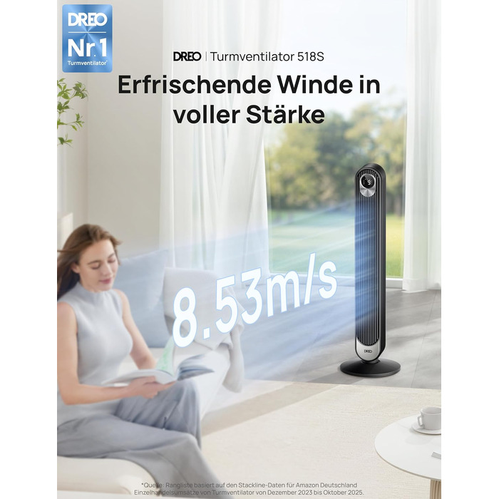 Дрео розумний вентилятор з мотором DC 20dB, 11 м дальность, з пультом керування, 9 режимів, 4 моди, 90° осциляція, голосове керування, таймер 12H, Wi-Fi, для спальні