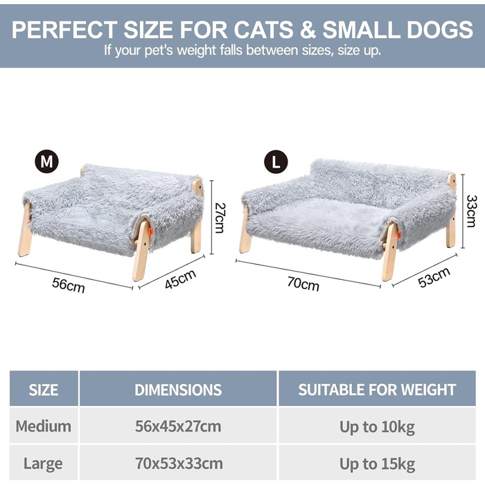 MEWOOFUN Elevated Cat Bed Sofa made of Wood, Sturdy Large Cat Sofa – Fashionable Cat Stool with Removable Mattress Cover, Holds up to 10 kg (56x45cm, Grey)