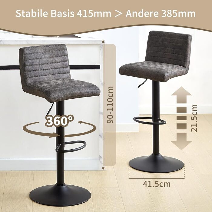 JYMTOM Adjustable Bar Stools Set - 360° Swivel Velvet Padded Counter Stools for Bar, Kitchen, Bistro, Cafe & Dining Room (2, Grey)