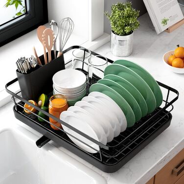 Dish Drying Rack, Space-Saving Dish Rack, Dish Organizer for Countertop, Durable Kitchen Drying Rack Made of Stainless Steel with Cutlery Holder, Dish Drying Stand