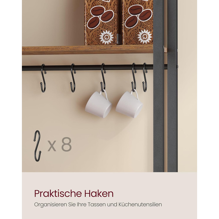 Полиця кухонна VASAGLE з розетками, кухонна шафа, робоча поверхня 90 см, стелаж з 8 гачками, 40 x 60 x 170 см, вінтажний коричневий + чорний, KKS058K02