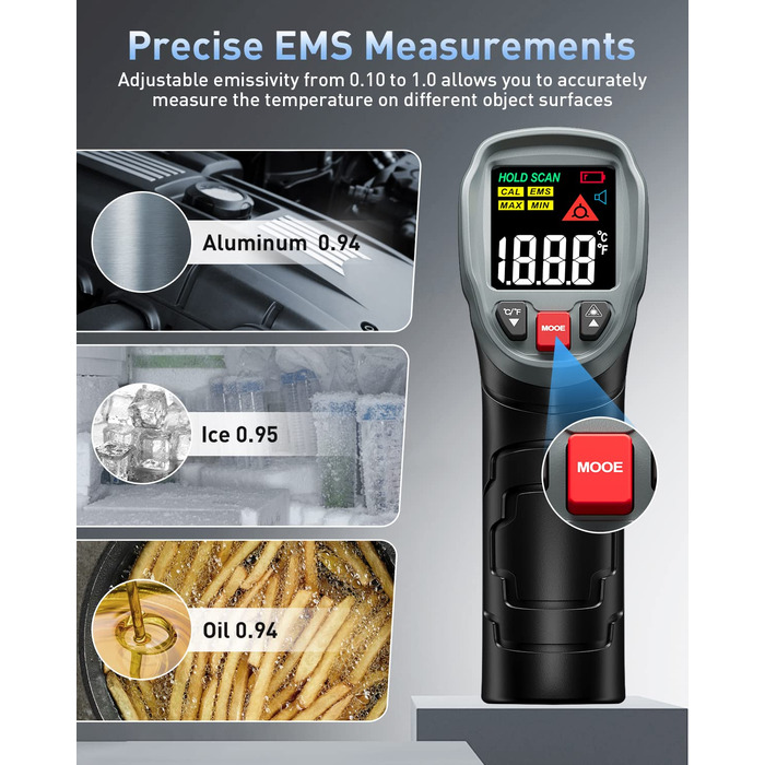 Інфрачервоний термометр Eventek -50°C до 600°C з лазером, регульована випромінювальна здатність, цифровий, LCD дисплей. Для гриля, піци, кухні, промисловості (чорний з аксесуарами 3 в 1)