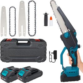 Акумуляторна міні-пила 6 дюймів (20 см) з безщітковим мотором, комплект з 2 ланцюгами 6 дюймів, 2 ланцюгами 8 дюймів, 2 направляючими плитами, 2 батареями високої ємності, для обрізки дерев та різання деревини, блакитна
