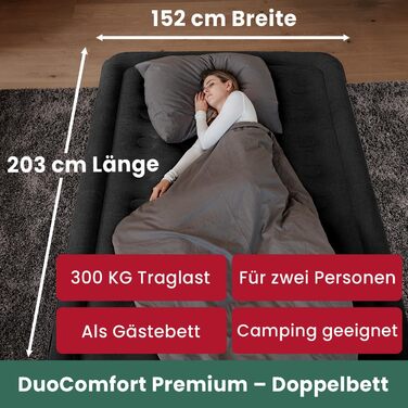 Надувне ліжко Aerios для 2 осіб з самонадувною системою | Преміум гостьове ліжко без кабелю живлення з інтегрованим USB-C насосом | Надувне ліжко, вибір розміру (Чорний, двоспальне)