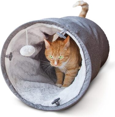 CanadianCat Company | XXL Cat Tunnel with Fluffy Plush | | Approx. 35 x 150 cm - Variable Shape, Integrated Cat Toy (70 x 35 cm, Grey)