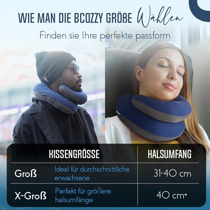 BCOZZY Neck Pillow for Airplane – Patented Travel Pillow with Double Support for Head, Neck, and Chin. Ideal for Long Flights and Car Rides. Adjustable. Washable. Carrying Bag. Large, Blue