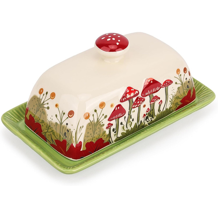 Fun Mushroom Butter Dish with Lid for Countertop - Ceramic, Red Mushroom Butter Container, Butter Tray, Large Butter Dish (White, Standard)