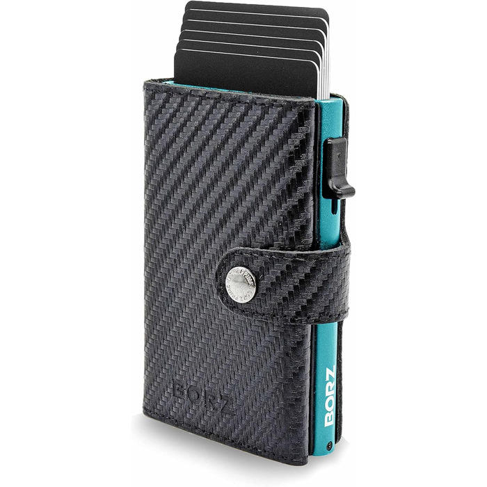 MAXUS MAGNETIC 2: Тонкий гаманець з відділом для монет, сумісний з AirTag, RFID захистом, з натуральної шкіри (Carbon Leather - Sky Blue Case)