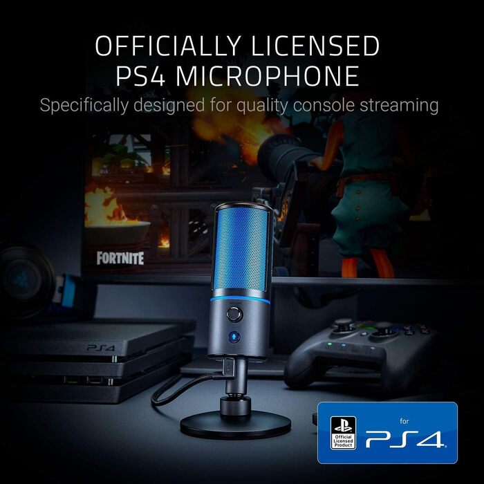 Razer Seiren X для PlayStation - USB конденсаторний мікрофон для стрімінгу PS4/PS5 (чорно-синій) з антивібраційним кріпленням та кнопкою вимкнення звуку