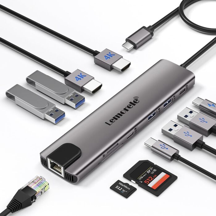 Док-станція USB-C з хабом: 2 HDMI, Gigabit Ethernet, 4 USB A, USB C 3.0, PD 100W, SD/TF, 1000Mbps RJ45, адаптер для Macbook, Lenovo, HP, Dell, Surface. Підтримка 2 моніторів