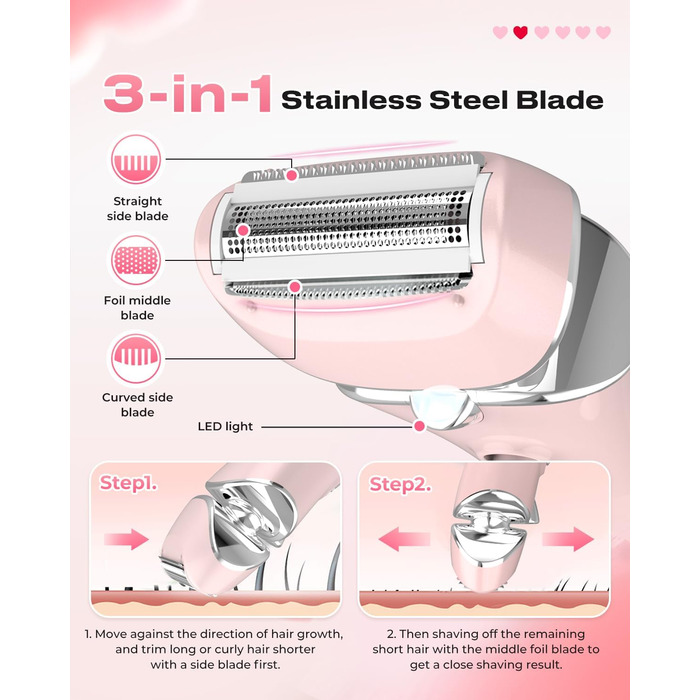 Електричний жіночий триммер для тіла: безболісне гоління ніг, бікіні та під пахв, бездротовий, акумуляторний, для мокрого та сухого використання, рожевий