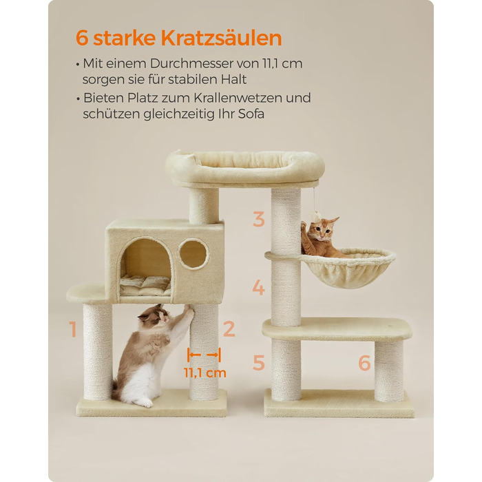 Feandrea Cat Tree for Large Cats, XXL, Heavy-Duty, Cat Tower with 6 Extra Thick Scratching Posts, Large Platform, Cave, Basket, Flexible Assembly, Detachable and Washable Cushions, Beige PCT01M