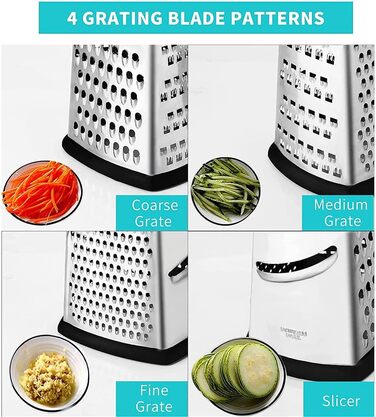Нержавійна тертка з 4 сторонами для кухні: грубе та дрібне тертя, для овочів, фруктів, сиру, придатна для миття в посудомийній машині (чорний)