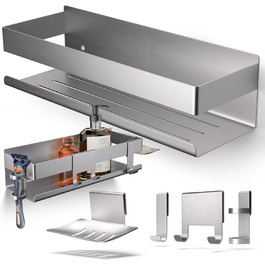 HENAL Shower Shelf Set 5 in 1, Brushed Stainless Steel Shower Shelf without Drilling, Shower Shelf including Razor Holder, Squeegee Holder, Soap Dish & Hook, XXL Bathroom Organizer