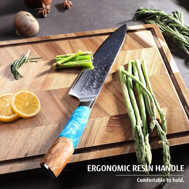 Японський ніж Hecef Damast 20 см з ручкою з харчової смоли: професійний кухонний ніж з дамаської сталі 67 шарів, з захистом для леза, подарунок для шеф-кухаря